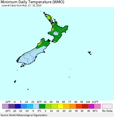New Zealand Minimum Daily Temperature (WMO) Thematic Map For 5/13/2024 - 5/19/2024