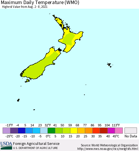 New Zealand Maximum Daily Temperature (WMO) Thematic Map For 8/2/2021 - 8/8/2021