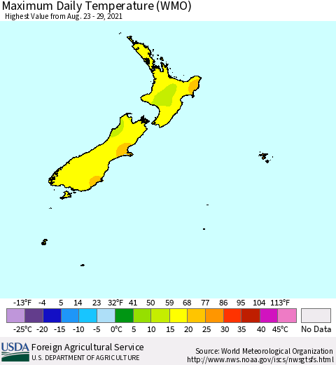 New Zealand Maximum Daily Temperature (WMO) Thematic Map For 8/23/2021 - 8/29/2021