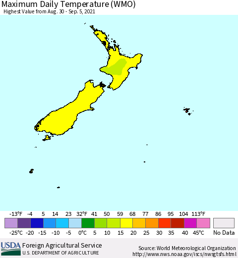 New Zealand Maximum Daily Temperature (WMO) Thematic Map For 8/30/2021 - 9/5/2021