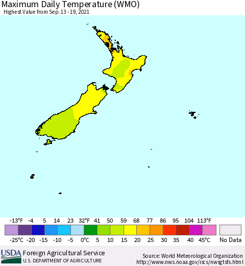 New Zealand Maximum Daily Temperature (WMO) Thematic Map For 9/13/2021 - 9/19/2021