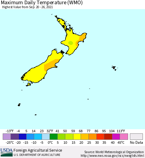 New Zealand Maximum Daily Temperature (WMO) Thematic Map For 9/20/2021 - 9/26/2021