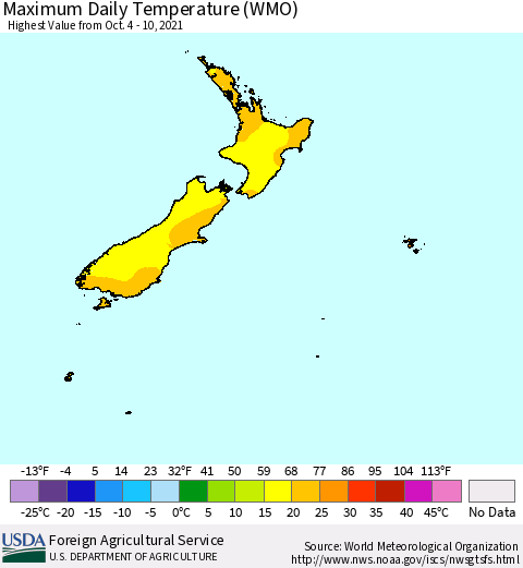 New Zealand Maximum Daily Temperature (WMO) Thematic Map For 10/4/2021 - 10/10/2021