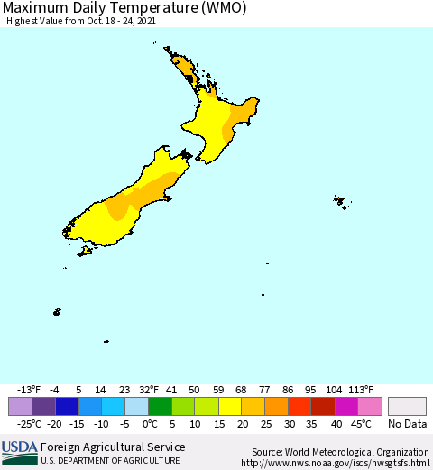 New Zealand Maximum Daily Temperature (WMO) Thematic Map For 10/18/2021 - 10/24/2021