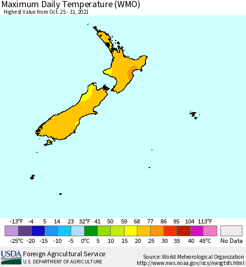 New Zealand Maximum Daily Temperature (WMO) Thematic Map For 10/25/2021 - 10/31/2021