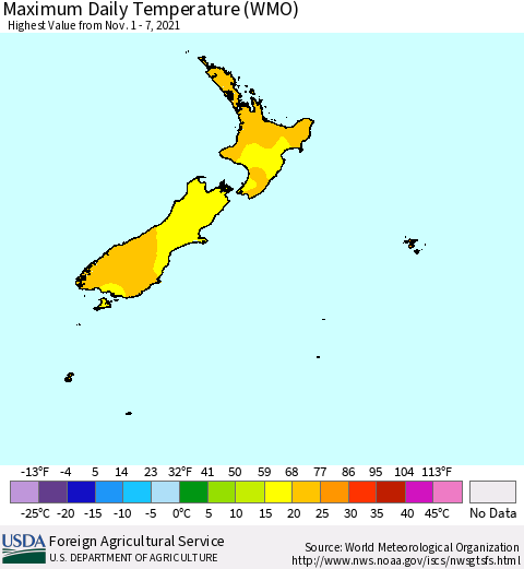 New Zealand Maximum Daily Temperature (WMO) Thematic Map For 11/1/2021 - 11/7/2021