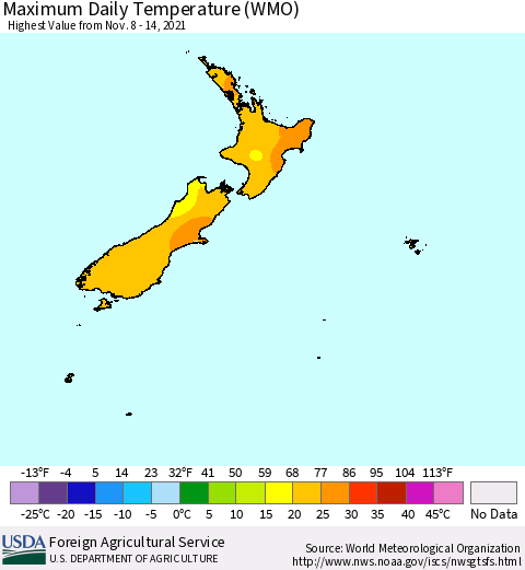 New Zealand Maximum Daily Temperature (WMO) Thematic Map For 11/8/2021 - 11/14/2021