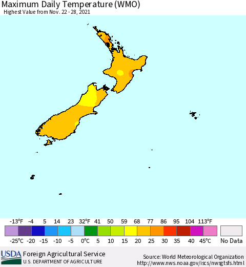New Zealand Maximum Daily Temperature (WMO) Thematic Map For 11/22/2021 - 11/28/2021