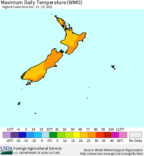 New Zealand Maximum Daily Temperature (WMO) Thematic Map For 12/13/2021 - 12/19/2021