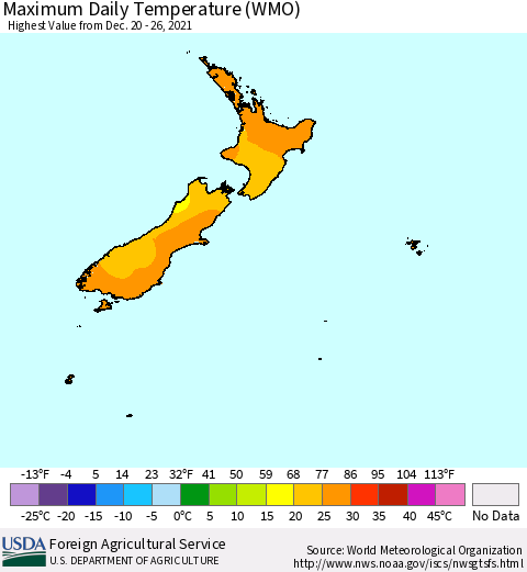 New Zealand Maximum Daily Temperature (WMO) Thematic Map For 12/20/2021 - 12/26/2021