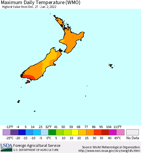 New Zealand Maximum Daily Temperature (WMO) Thematic Map For 12/27/2021 - 1/2/2022