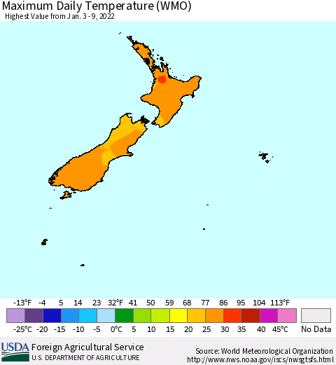 New Zealand Maximum Daily Temperature (WMO) Thematic Map For 1/3/2022 - 1/9/2022