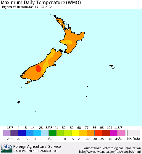 New Zealand Maximum Daily Temperature (WMO) Thematic Map For 1/17/2022 - 1/23/2022
