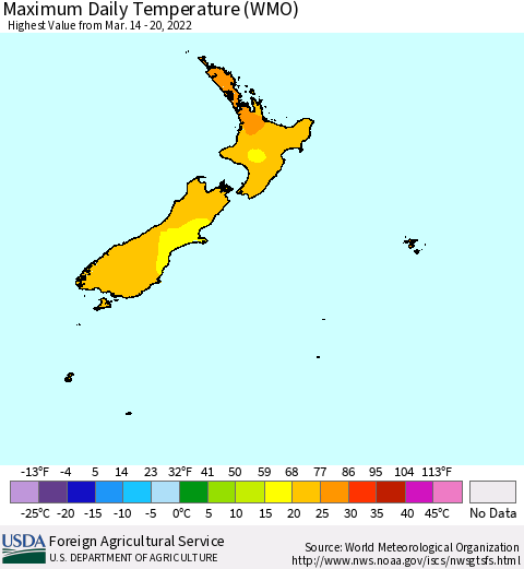 New Zealand Maximum Daily Temperature (WMO) Thematic Map For 3/14/2022 - 3/20/2022