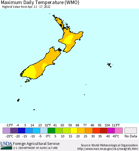 New Zealand Maximum Daily Temperature (WMO) Thematic Map For 4/11/2022 - 4/17/2022