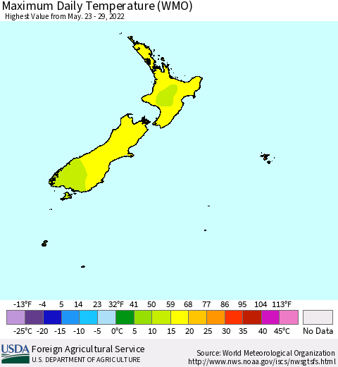 New Zealand Maximum Daily Temperature (WMO) Thematic Map For 5/23/2022 - 5/29/2022