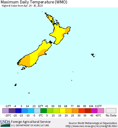New Zealand Maximum Daily Temperature (WMO) Thematic Map For 4/24/2023 - 4/30/2023