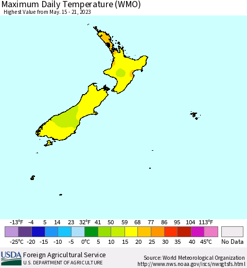 New Zealand Maximum Daily Temperature (WMO) Thematic Map For 5/15/2023 - 5/21/2023