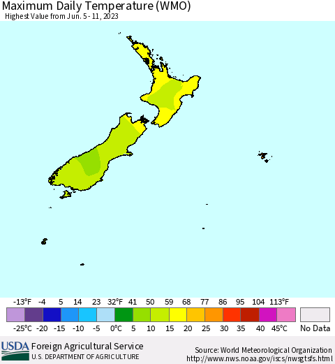 New Zealand Maximum Daily Temperature (WMO) Thematic Map For 6/5/2023 - 6/11/2023