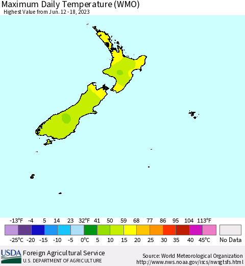 New Zealand Maximum Daily Temperature (WMO) Thematic Map For 6/12/2023 - 6/18/2023