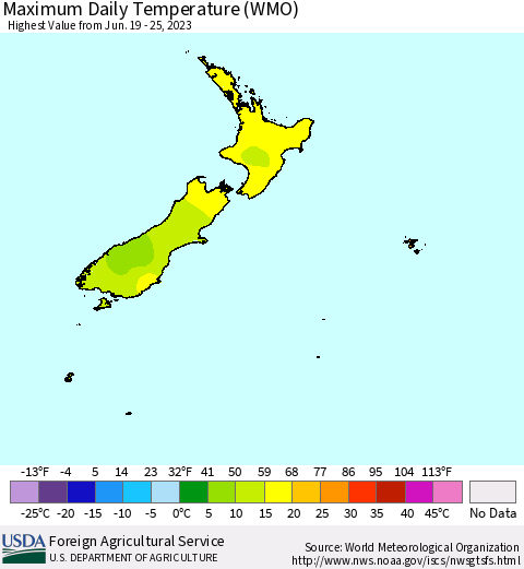 New Zealand Maximum Daily Temperature (WMO) Thematic Map For 6/19/2023 - 6/25/2023