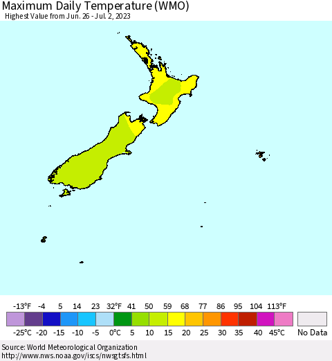 New Zealand Maximum Daily Temperature (WMO) Thematic Map For 6/26/2023 - 7/2/2023