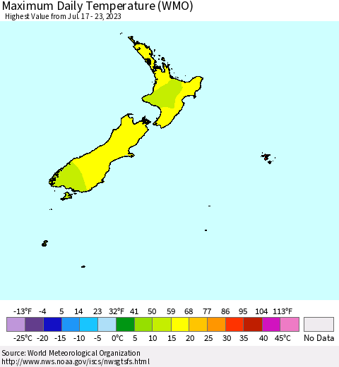 New Zealand Maximum Daily Temperature (WMO) Thematic Map For 7/17/2023 - 7/23/2023