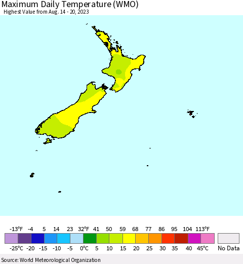 New Zealand Maximum Daily Temperature (WMO) Thematic Map For 8/14/2023 - 8/20/2023