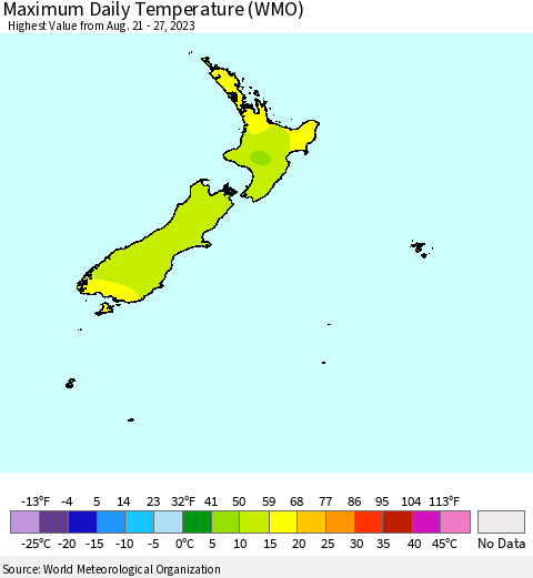 New Zealand Maximum Daily Temperature (WMO) Thematic Map For 8/21/2023 - 8/27/2023