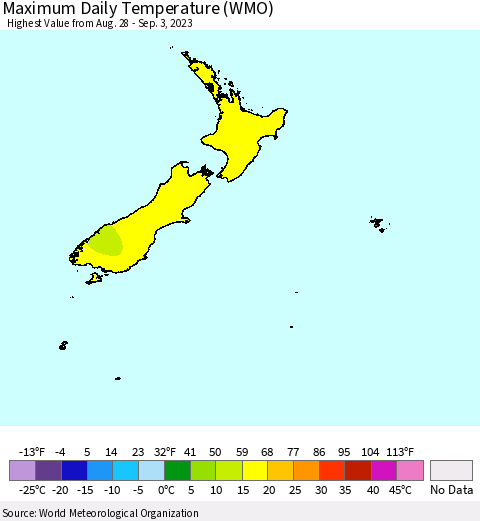New Zealand Maximum Daily Temperature (WMO) Thematic Map For 8/28/2023 - 9/3/2023