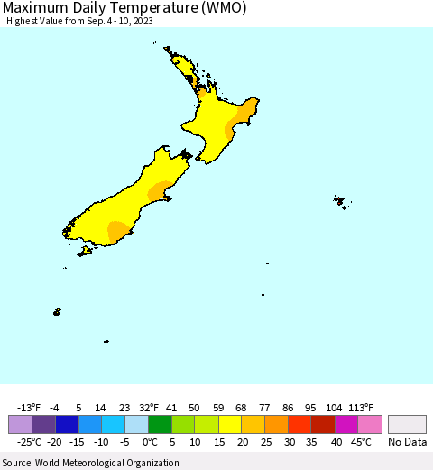 New Zealand Maximum Daily Temperature (WMO) Thematic Map For 9/4/2023 - 9/10/2023