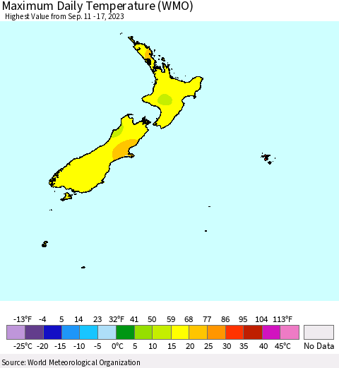 New Zealand Maximum Daily Temperature (WMO) Thematic Map For 9/11/2023 - 9/17/2023