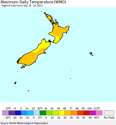 New Zealand Maximum Daily Temperature (WMO) Thematic Map For 9/18/2023 - 9/24/2023