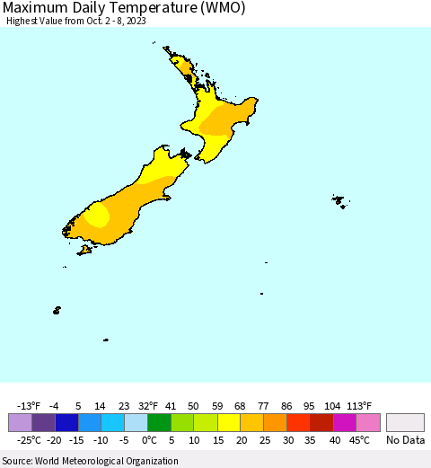 New Zealand Maximum Daily Temperature (WMO) Thematic Map For 10/2/2023 - 10/8/2023