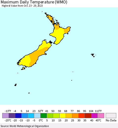 New Zealand Maximum Daily Temperature (WMO) Thematic Map For 10/23/2023 - 10/29/2023