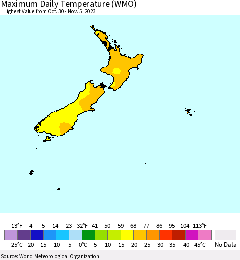New Zealand Maximum Daily Temperature (WMO) Thematic Map For 10/30/2023 - 11/5/2023