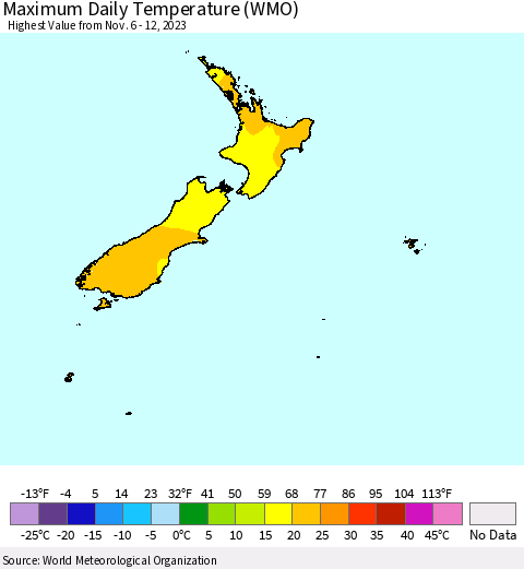 New Zealand Maximum Daily Temperature (WMO) Thematic Map For 11/6/2023 - 11/12/2023