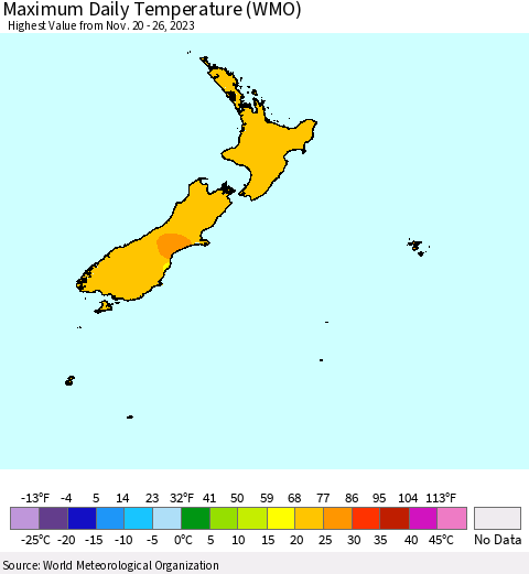 New Zealand Maximum Daily Temperature (WMO) Thematic Map For 11/20/2023 - 11/26/2023