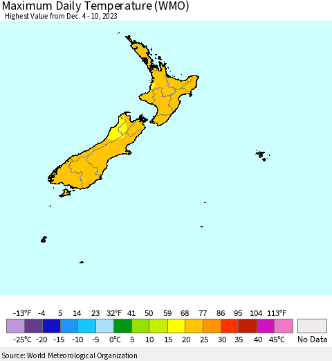 New Zealand Maximum Daily Temperature (WMO) Thematic Map For 12/4/2023 - 12/10/2023