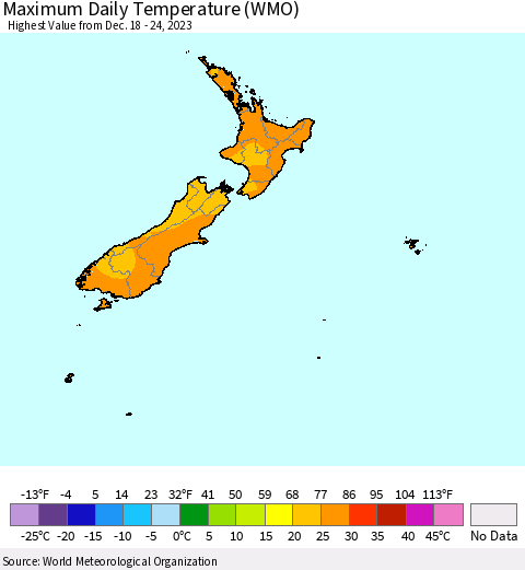 New Zealand Maximum Daily Temperature (WMO) Thematic Map For 12/18/2023 - 12/24/2023