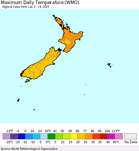 New Zealand Maximum Daily Temperature (WMO) Thematic Map For 1/8/2024 - 1/14/2024