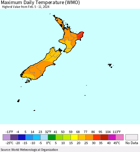 New Zealand Maximum Daily Temperature (WMO) Thematic Map For 2/5/2024 - 2/11/2024