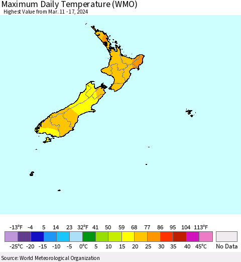 New Zealand Maximum Daily Temperature (WMO) Thematic Map For 3/11/2024 - 3/17/2024