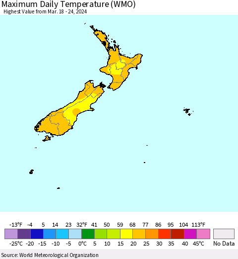 New Zealand Maximum Daily Temperature (WMO) Thematic Map For 3/18/2024 - 3/24/2024