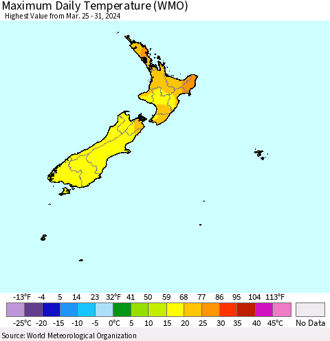 New Zealand Maximum Daily Temperature (WMO) Thematic Map For 3/25/2024 - 3/31/2024