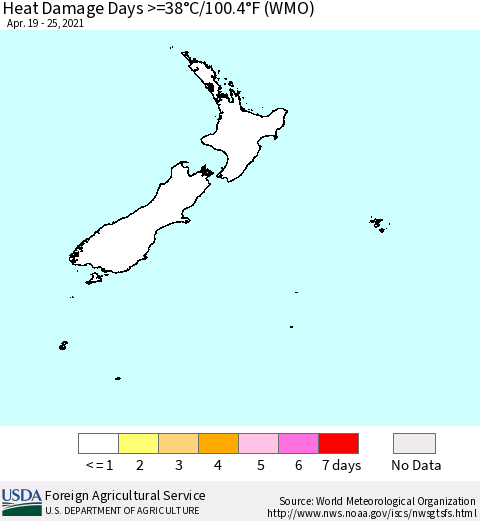 New Zealand Heat Damage Days >=38°C/100°F (WMO) Thematic Map For 4/19/2021 - 4/25/2021