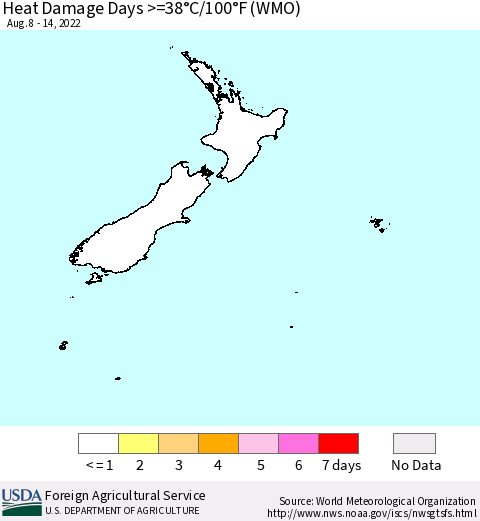New Zealand Heat Damage Days >=38°C/100°F (WMO) Thematic Map For 8/8/2022 - 8/14/2022