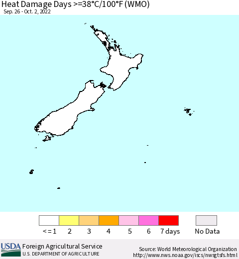 New Zealand Heat Damage Days >=38°C/100°F (WMO) Thematic Map For 9/26/2022 - 10/2/2022