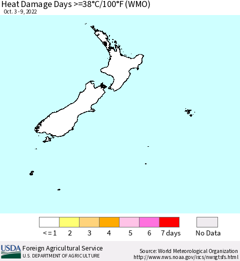 New Zealand Heat Damage Days >=38°C/100°F (WMO) Thematic Map For 10/3/2022 - 10/9/2022