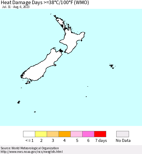 New Zealand Heat Damage Days >=38°C/100°F (WMO) Thematic Map For 7/31/2023 - 8/6/2023